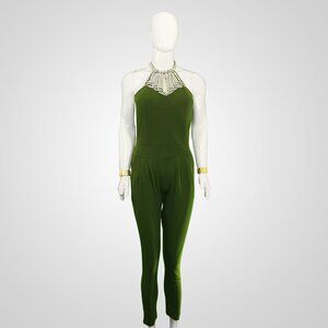 Elegant Vintage 1980s Olive Green Jumpsuit with Beaded Neckline & Golden Cuffs